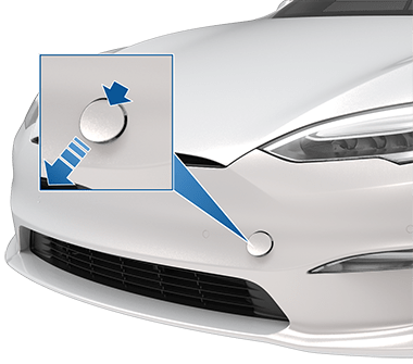 车辆前部，以及一个缩放框和一些箭头，指示按下牵引环盖板右上角以松开它。